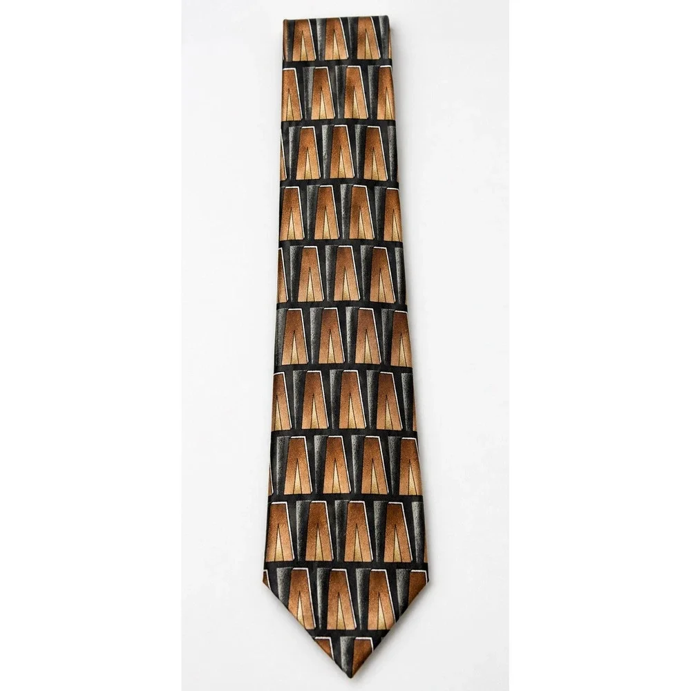 Cellini Linea Uomo Men's 100% Silk Necktie – Brown Black Gray Art Deco Geometric